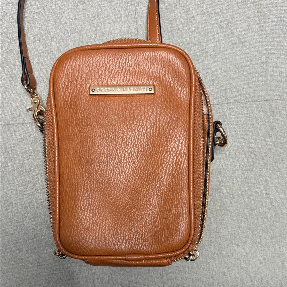 Poppy & Peonies Tan Crossbody Phone Bag with Gold Hardware